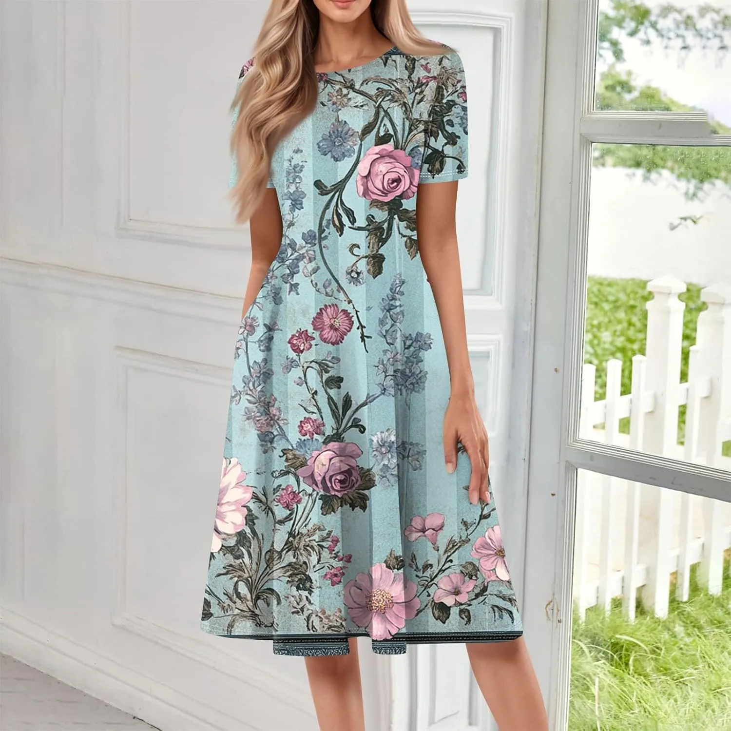 Summer Dresses for Women 2025 Casual Trendy Ruched Spring Loose Crew Neck Semi Formal Short Sleeve Dress