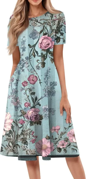 Summer Dresses for Women 2025 Casual Trendy Ruched Spring Loose Crew Neck Semi Formal Short Sleeve Dress