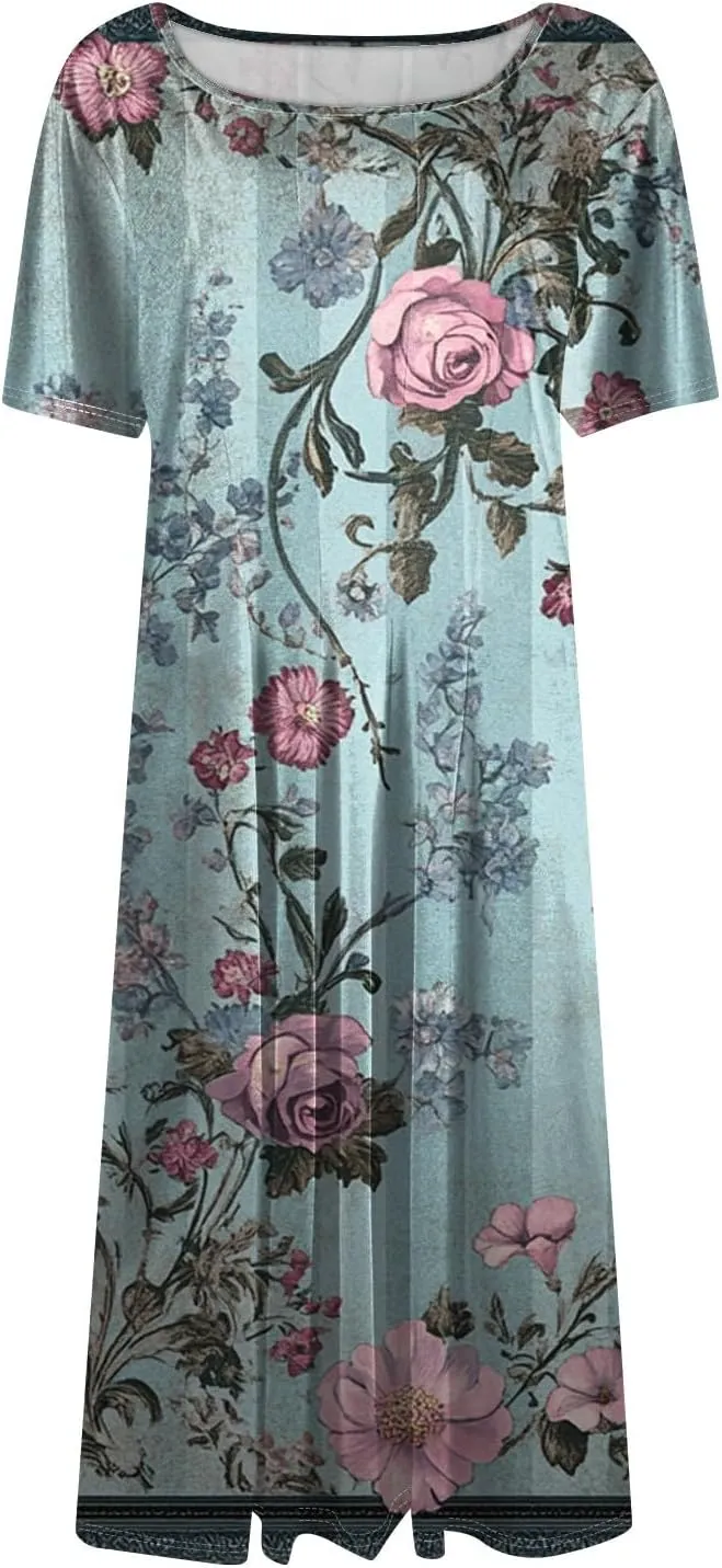 Summer Dresses for Women 2025 Casual Trendy Ruched Spring Loose Crew Neck Semi Formal Short Sleeve Dress