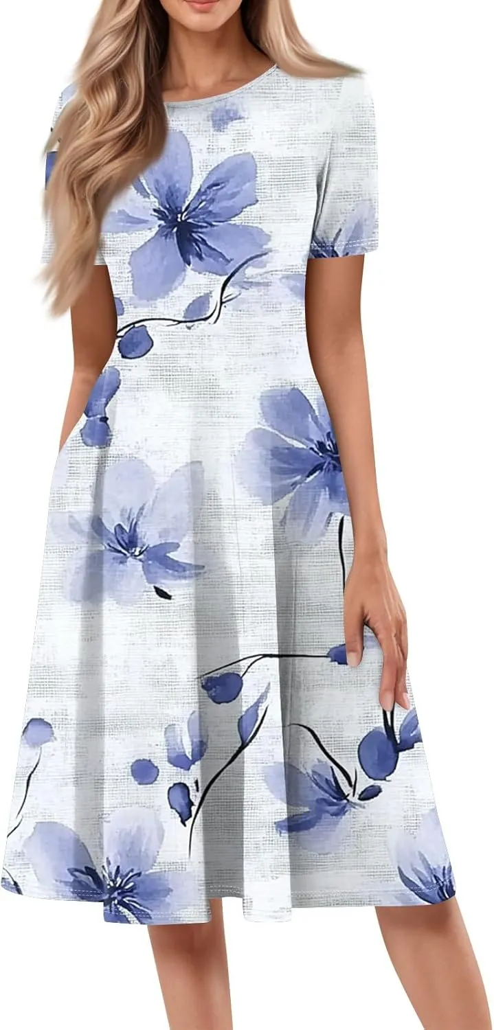 Summer Dresses for Women 2025 Casual Trendy Ruched Spring Loose Crew Neck Semi Formal Short Sleeve Dress