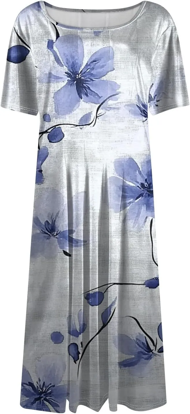 Summer Dresses for Women 2025 Casual Trendy Ruched Spring Loose Crew Neck Semi Formal Short Sleeve Dress
