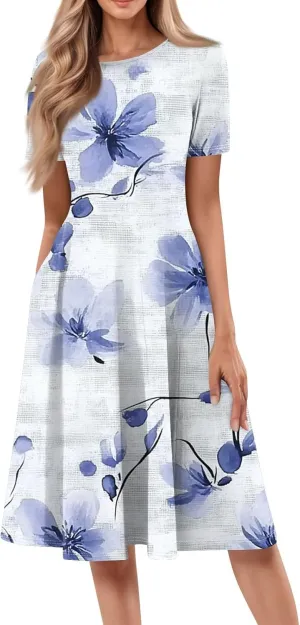Summer Dresses for Women 2025 Casual Trendy Ruched Spring Loose Crew Neck Semi Formal Short Sleeve Dress