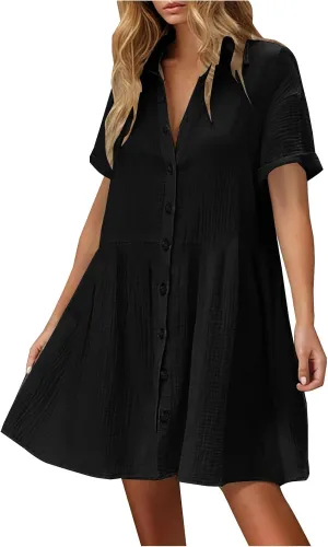 Summer Dresses for Women 2025 Trendy Linen Cotton Short Sleeve Sundressses Button Down Wedding Guest Mini Outfits