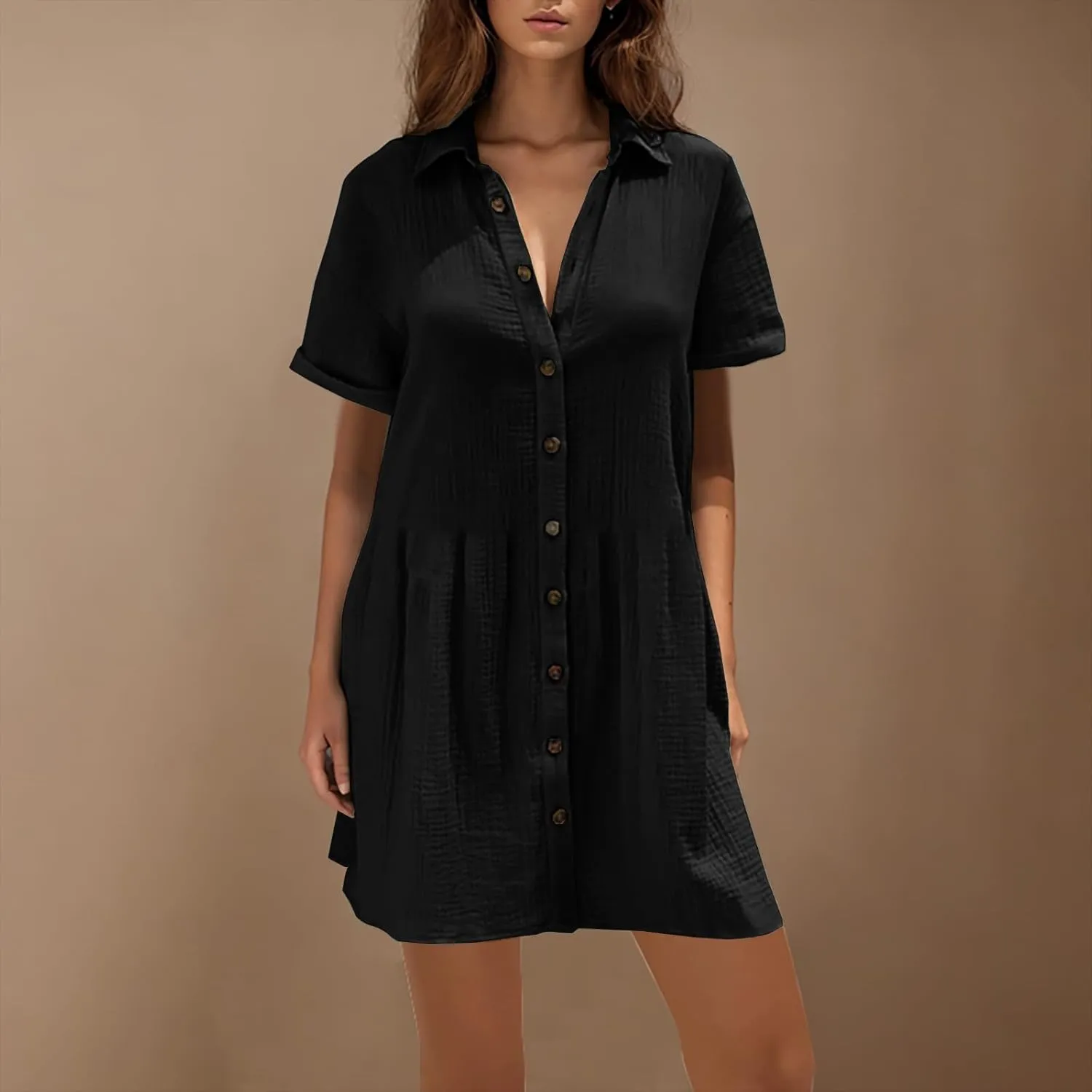 Summer Dresses for Women 2025 Trendy Linen Cotton Short Sleeve Sundressses Button Down Wedding Guest Mini Outfits