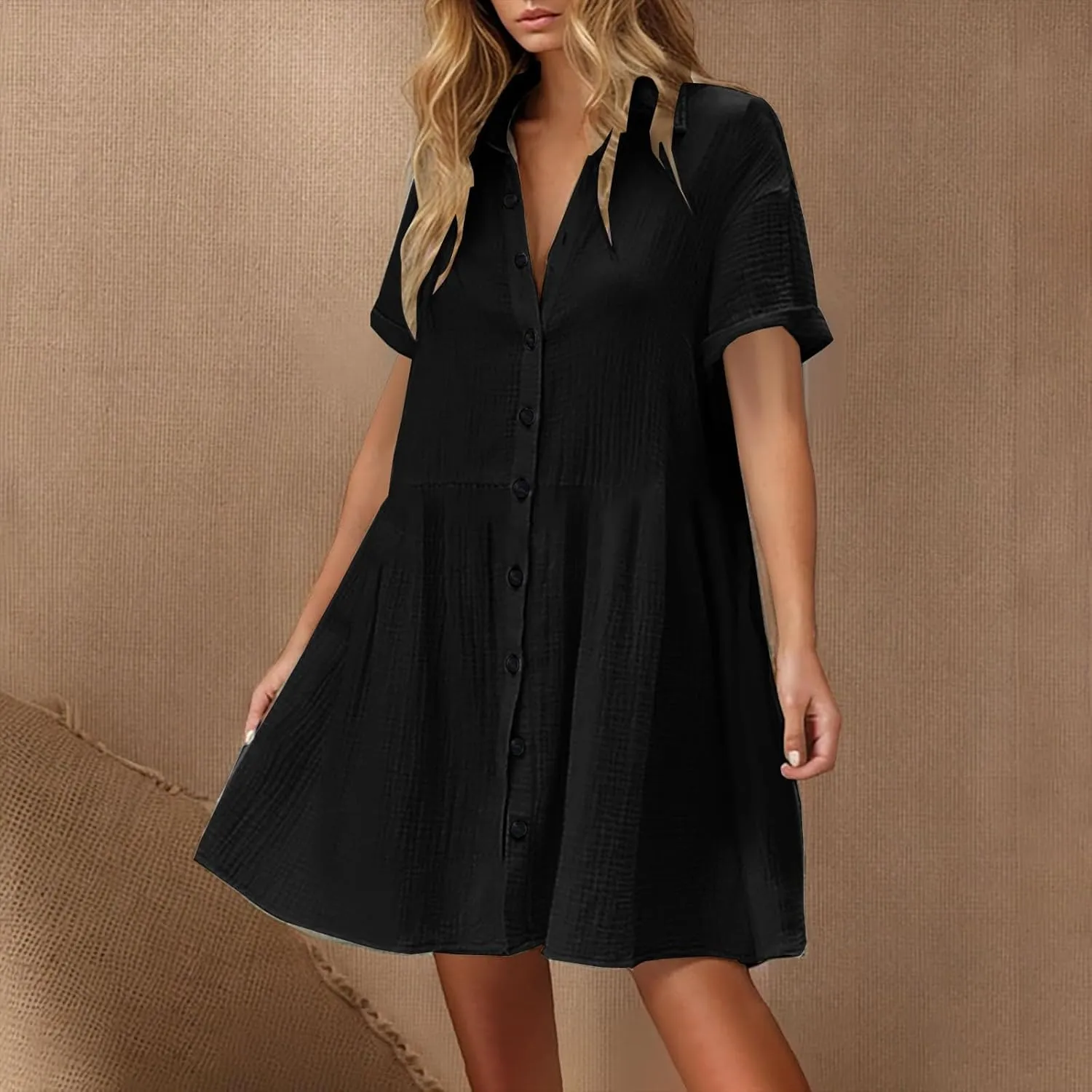 Summer Dresses for Women 2025 Trendy Linen Cotton Short Sleeve Sundressses Button Down Wedding Guest Mini Outfits