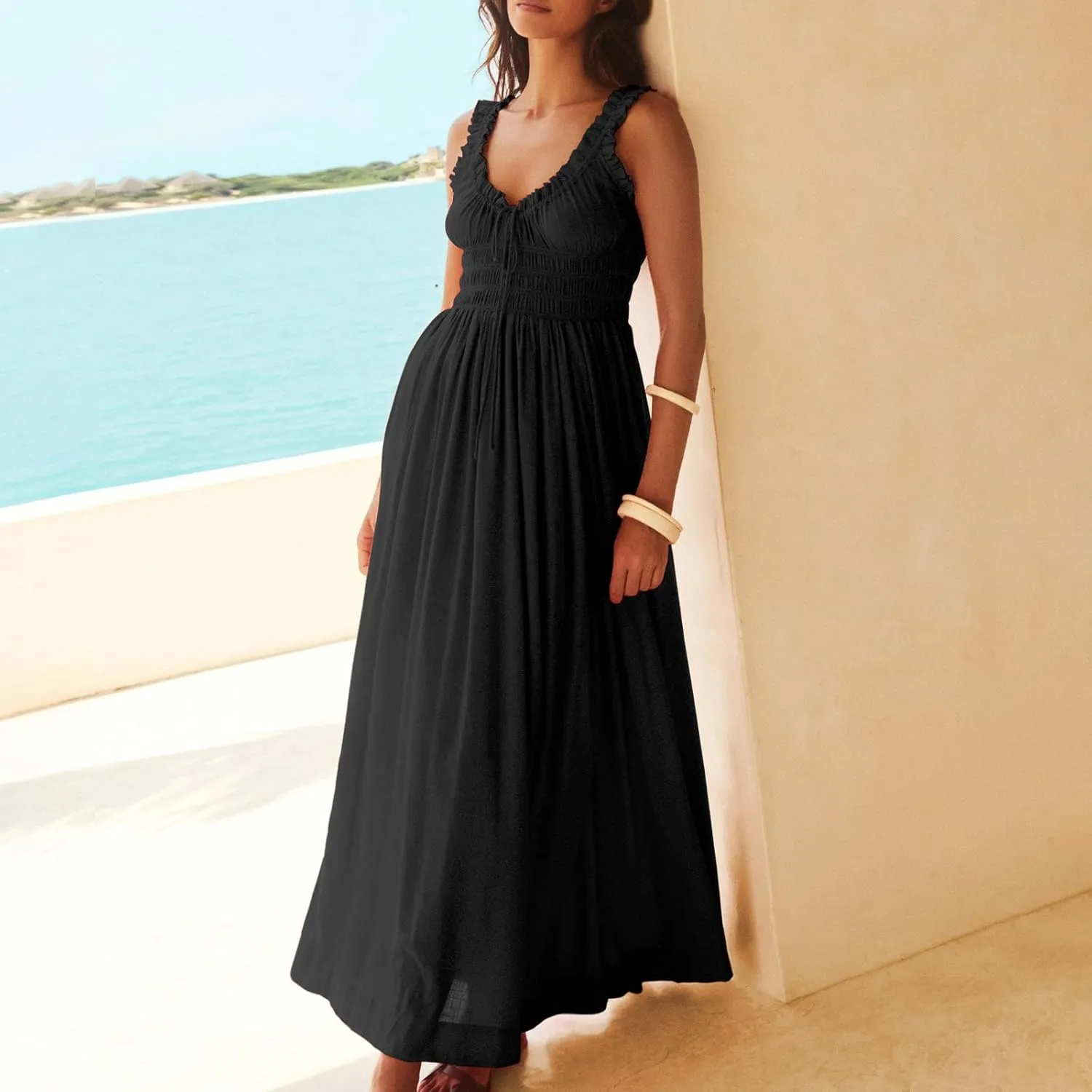 Summer Dresses for Women 2025 Trendy Sleeveless Beach Long Flowy Dresses Smocked Ruffle Maxi Sundress