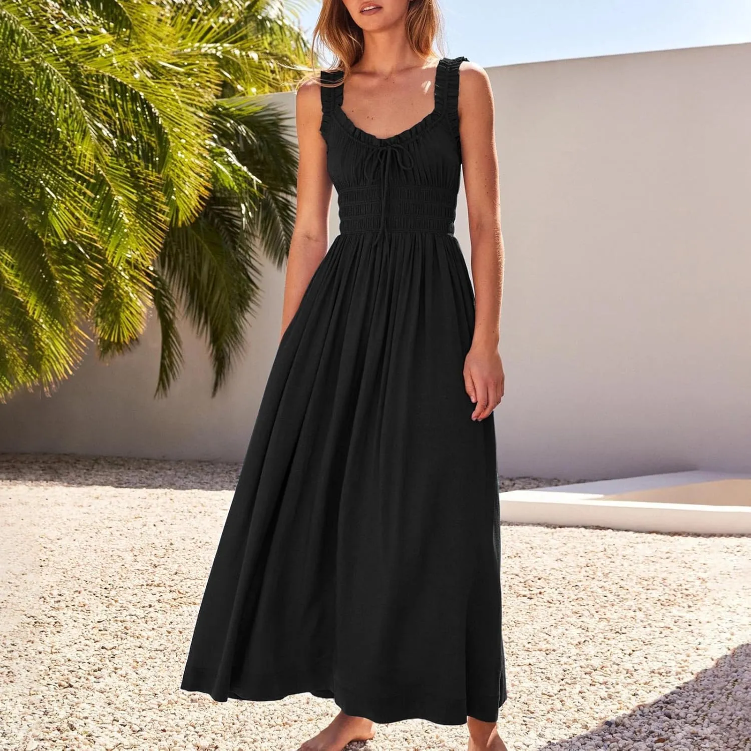 Summer Dresses for Women 2025 Trendy Sleeveless Beach Long Flowy Dresses Smocked Ruffle Maxi Sundress
