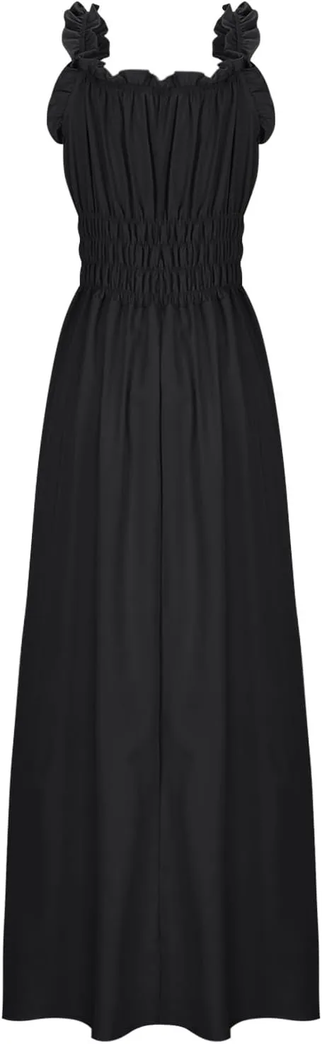 Summer Dresses for Women 2025 Trendy Sleeveless Beach Long Flowy Dresses Smocked Ruffle Maxi Sundress