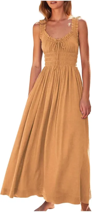 Summer Dresses for Women 2025 Trendy Sleeveless Beach Long Flowy Dresses Smocked Ruffle Maxi Sundress
