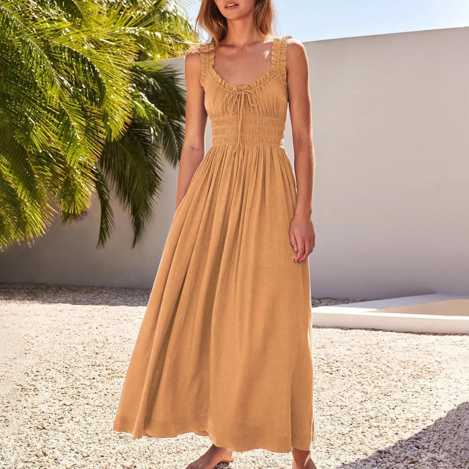 Summer Dresses for Women 2025 Trendy Sleeveless Beach Long Flowy Dresses Smocked Ruffle Maxi Sundress