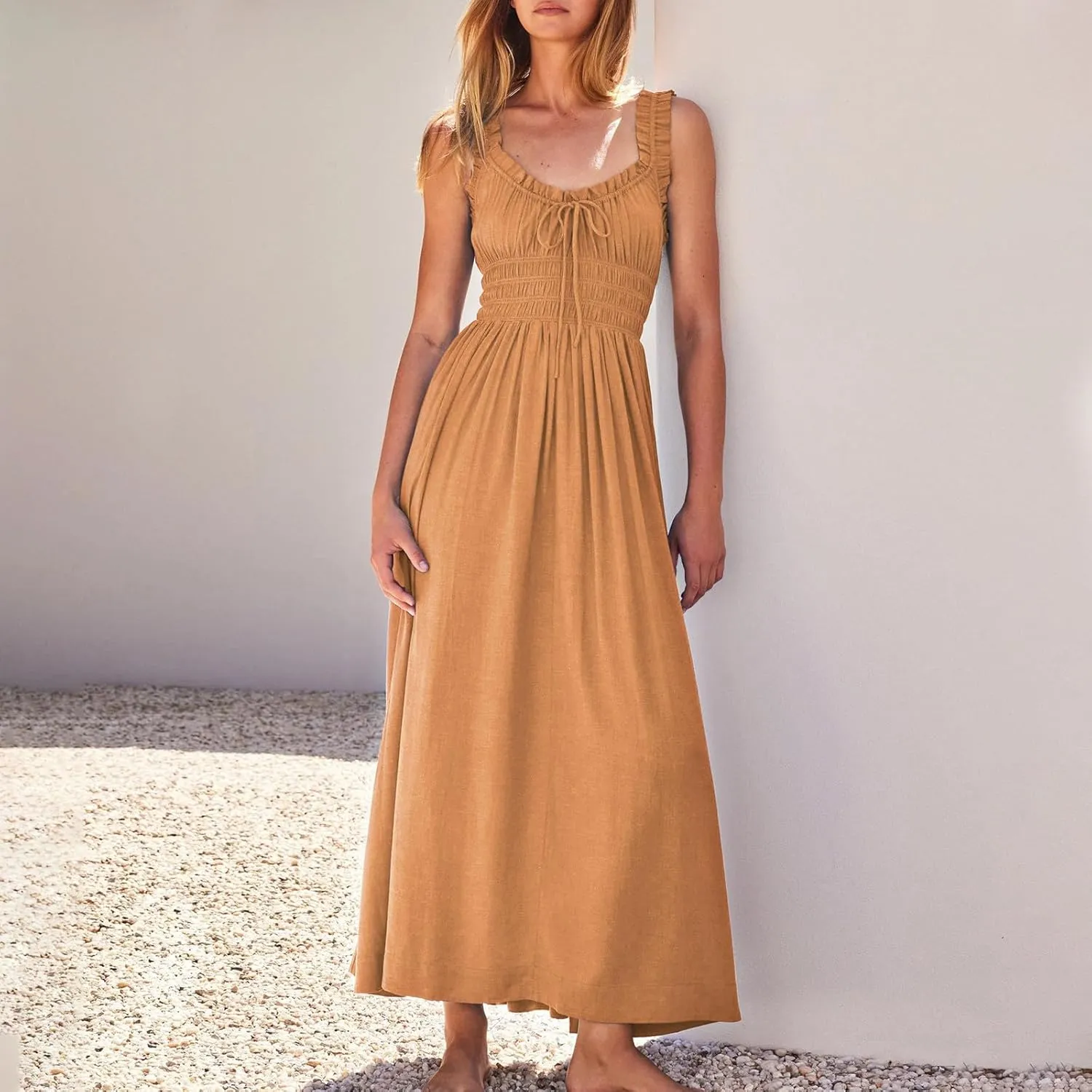 Summer Dresses for Women 2025 Trendy Sleeveless Beach Long Flowy Dresses Smocked Ruffle Maxi Sundress