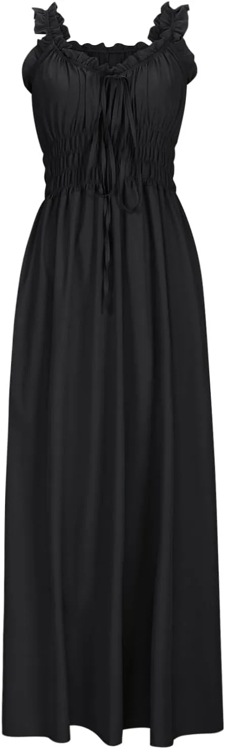 Summer Dresses for Women 2025 Trendy Sleeveless Beach Long Flowy Dresses Smocked Ruffle Maxi Sundress