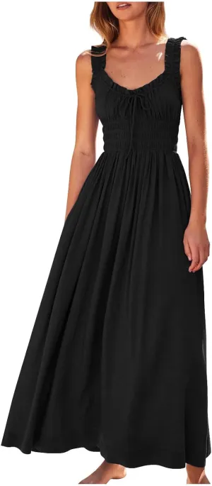 Summer Dresses for Women 2025 Trendy Sleeveless Beach Long Flowy Dresses Smocked Ruffle Maxi Sundress