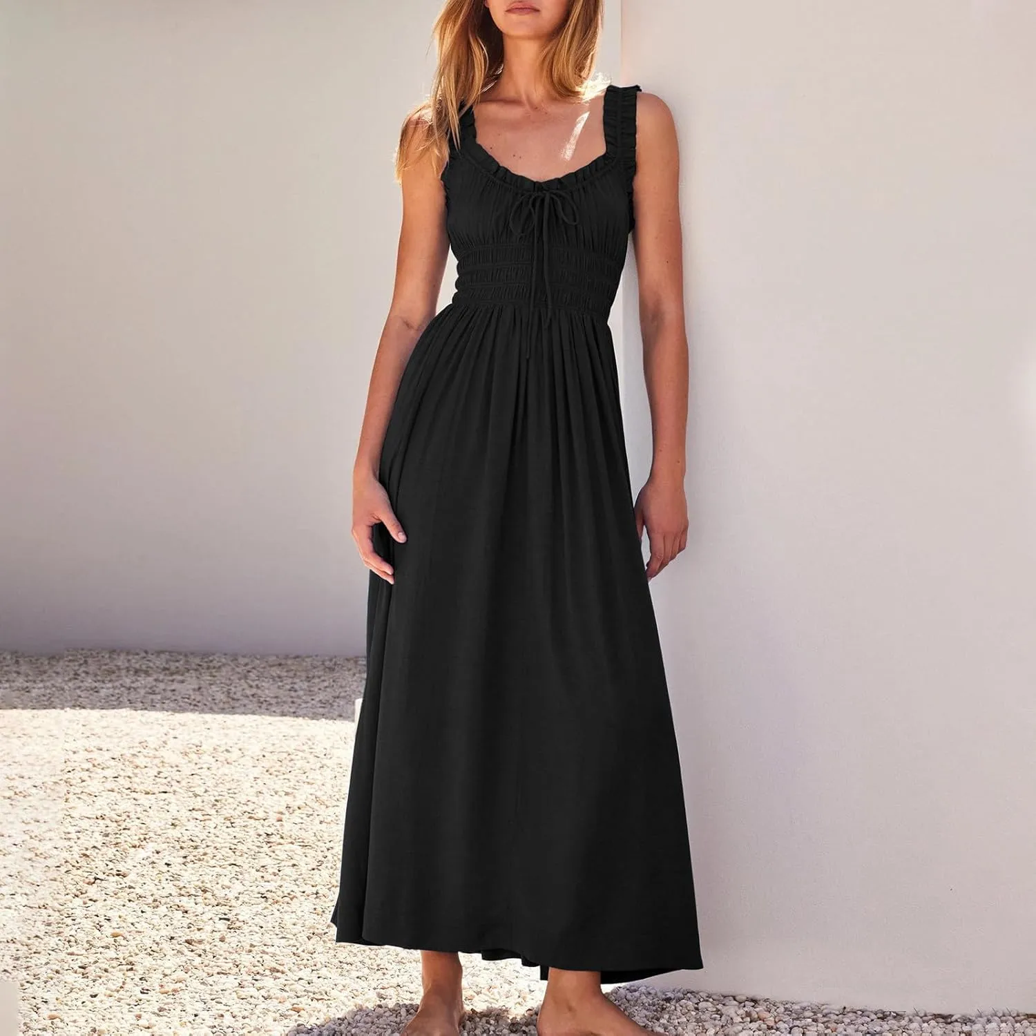 Summer Dresses for Women 2025 Trendy Sleeveless Beach Long Flowy Dresses Smocked Ruffle Maxi Sundress