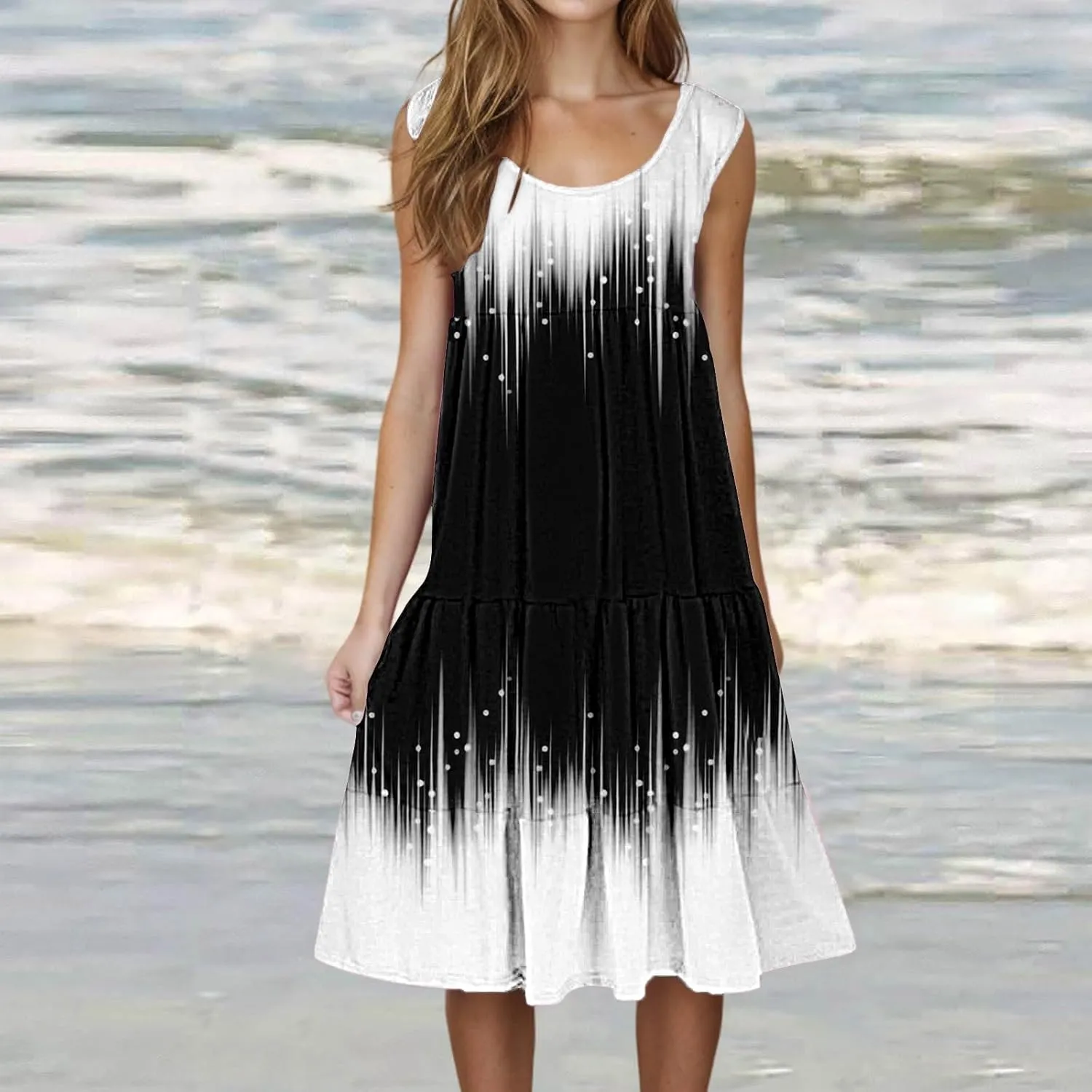 Summer Dresses for Women 2025 Vacation Casual Sexy Sleeveless Beach Dress Crewneck Splicing Boho Flowy Midi Sundresses