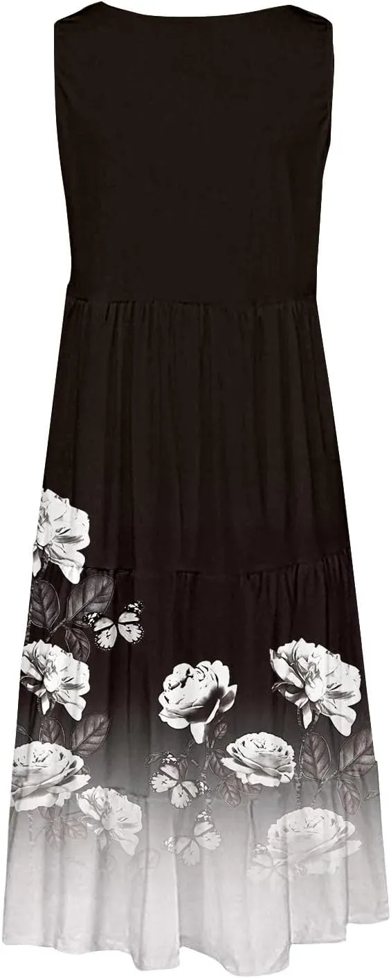 Summer Dresses for Women 2025 Vacation Casual Sexy Sleeveless Beach Dress Crewneck Splicing Boho Flowy Midi Sundresses