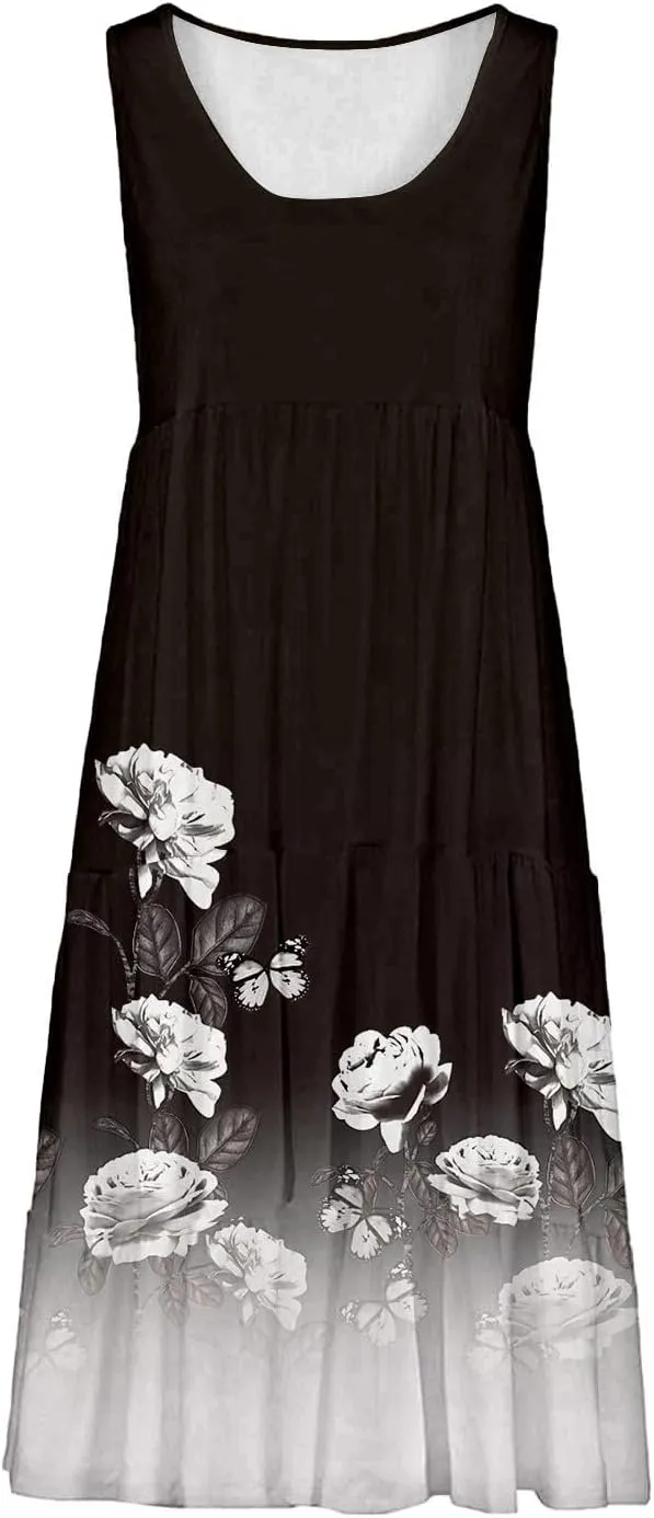 Summer Dresses for Women 2025 Vacation Casual Sexy Sleeveless Beach Dress Crewneck Splicing Boho Flowy Midi Sundresses