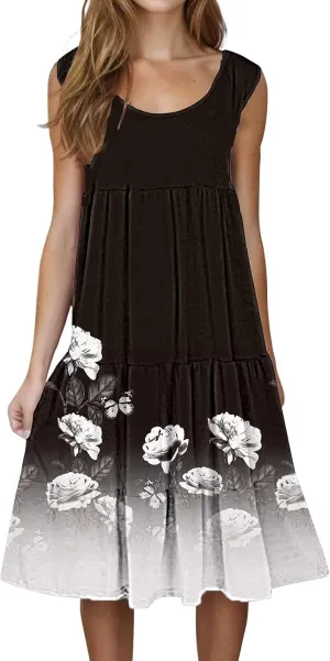 Summer Dresses for Women 2025 Vacation Casual Sexy Sleeveless Beach Dress Crewneck Splicing Boho Flowy Midi Sundresses