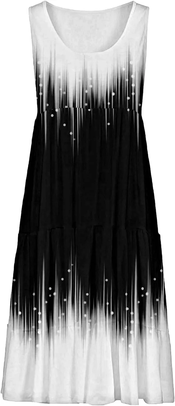 Summer Dresses for Women 2025 Vacation Casual Sexy Sleeveless Beach Dress Crewneck Splicing Boho Flowy Midi Sundresses