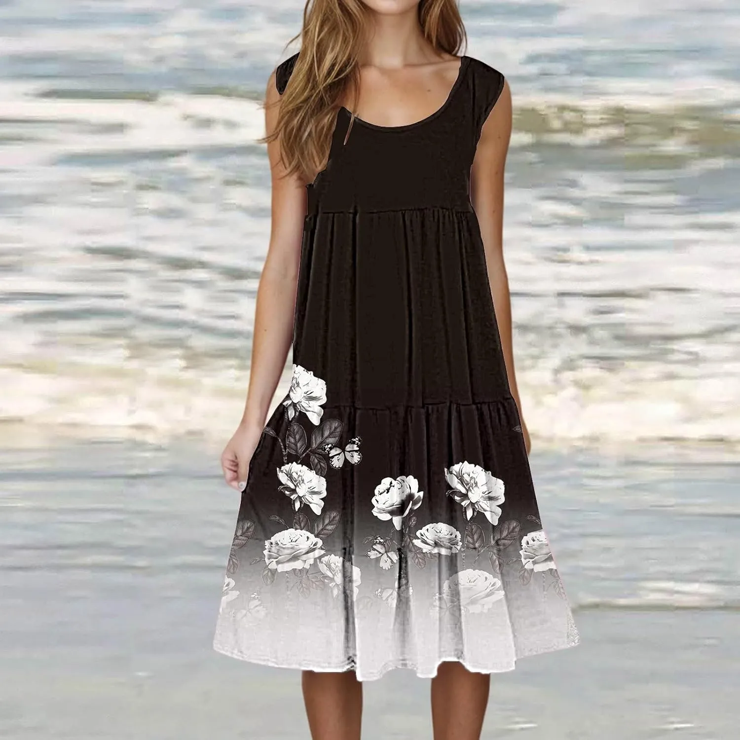 Summer Dresses for Women 2025 Vacation Casual Sexy Sleeveless Beach Dress Crewneck Splicing Boho Flowy Midi Sundresses