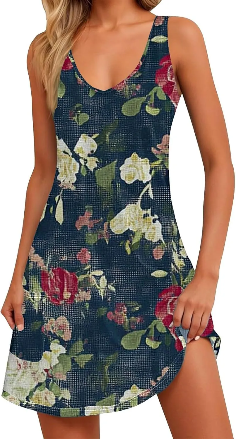 Summer Dresses for Women 2025 Vacation Floral Slip Dress Boho Sleeveless Dress Casual V Neck Beach Sundresses