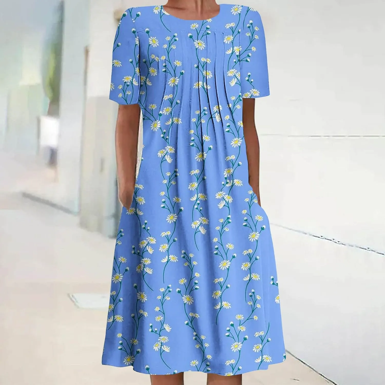 Summer Dresses for Women, Beach Floral Sundress Short Sleeve Pockets Casual Tshirt Dress Ruched A-Line Dress