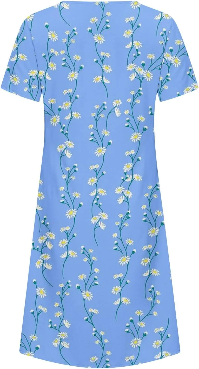 Summer Dresses for Women, Beach Floral Sundress Short Sleeve Pockets Casual Tshirt Dress Ruched A-Line Dress