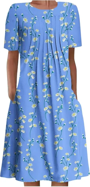 Summer Dresses for Women, Beach Floral Sundress Short Sleeve Pockets Casual Tshirt Dress Ruched A-Line Dress