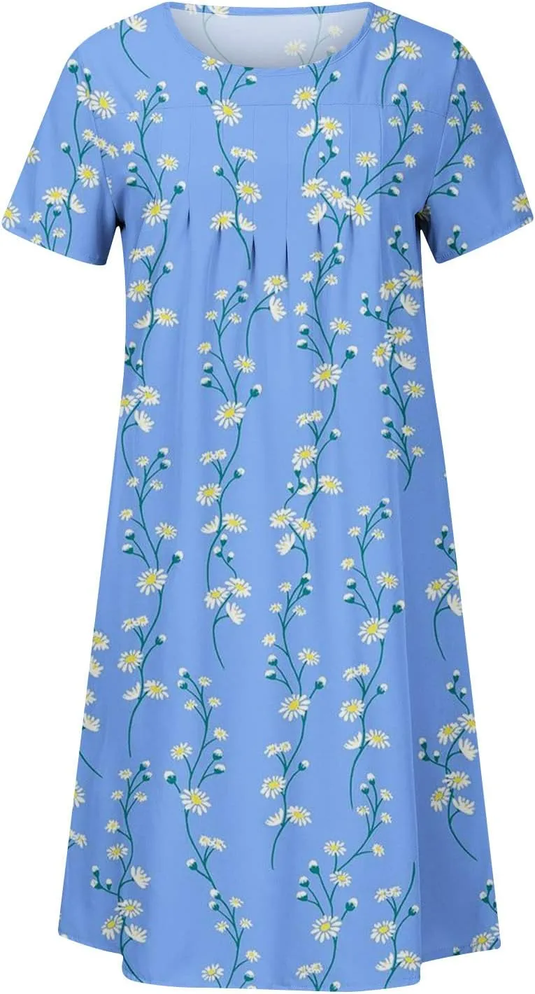 Summer Dresses for Women, Beach Floral Sundress Short Sleeve Pockets Casual Tshirt Dress Ruched A-Line Dress
