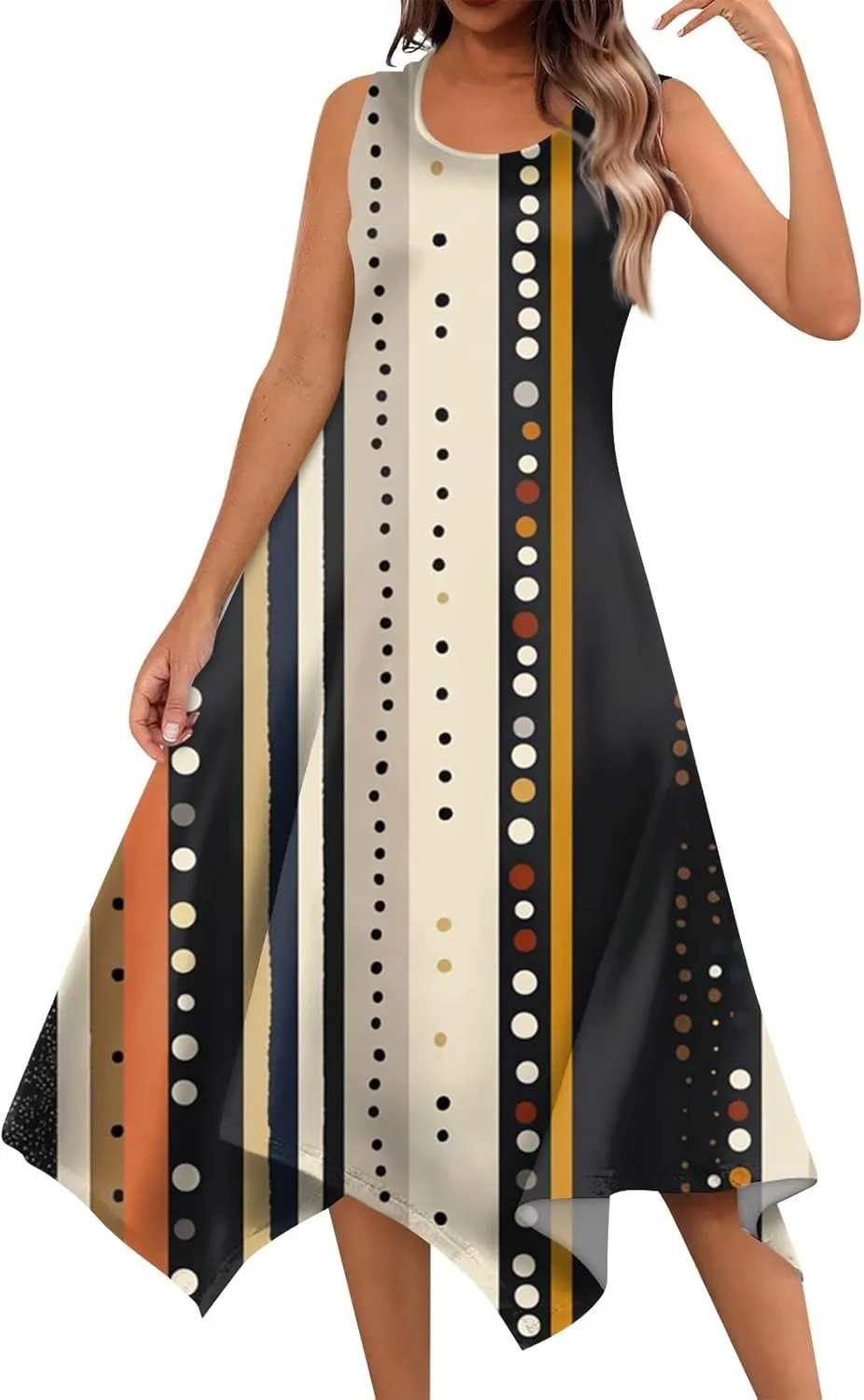 Summer Dresses for Women Crewneck Sleeveless Irregular Hem Midi Dress Trendy Floral Printed Beach Vacation Sundress