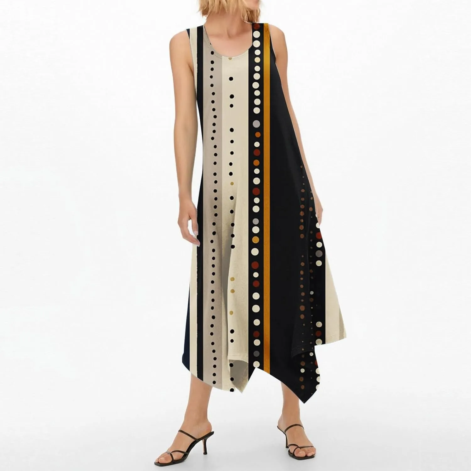 Summer Dresses for Women Crewneck Sleeveless Irregular Hem Midi Dress Trendy Floral Printed Beach Vacation Sundress
