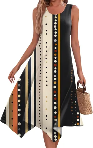 Summer Dresses for Women Crewneck Sleeveless Irregular Hem Midi Dress Trendy Floral Printed Beach Vacation Sundress
