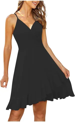 Summer Dresses for Women Sexy V Neck Sun Dress Sleeveless Spaghetti Strap Short Dresses Flowy Ruffle Hem Mini Dress