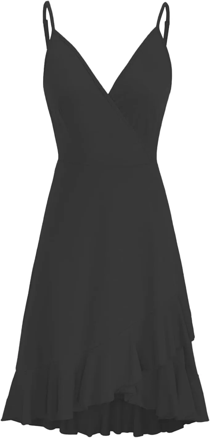 Summer Dresses for Women Sexy V Neck Sun Dress Sleeveless Spaghetti Strap Short Dresses Flowy Ruffle Hem Mini Dress