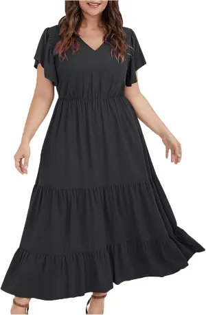 Summer Dresses for Women V Neck Ruffle Sleeve Casual Dress Beach Party Tropical Vacation Patchwork Maxi Sundress