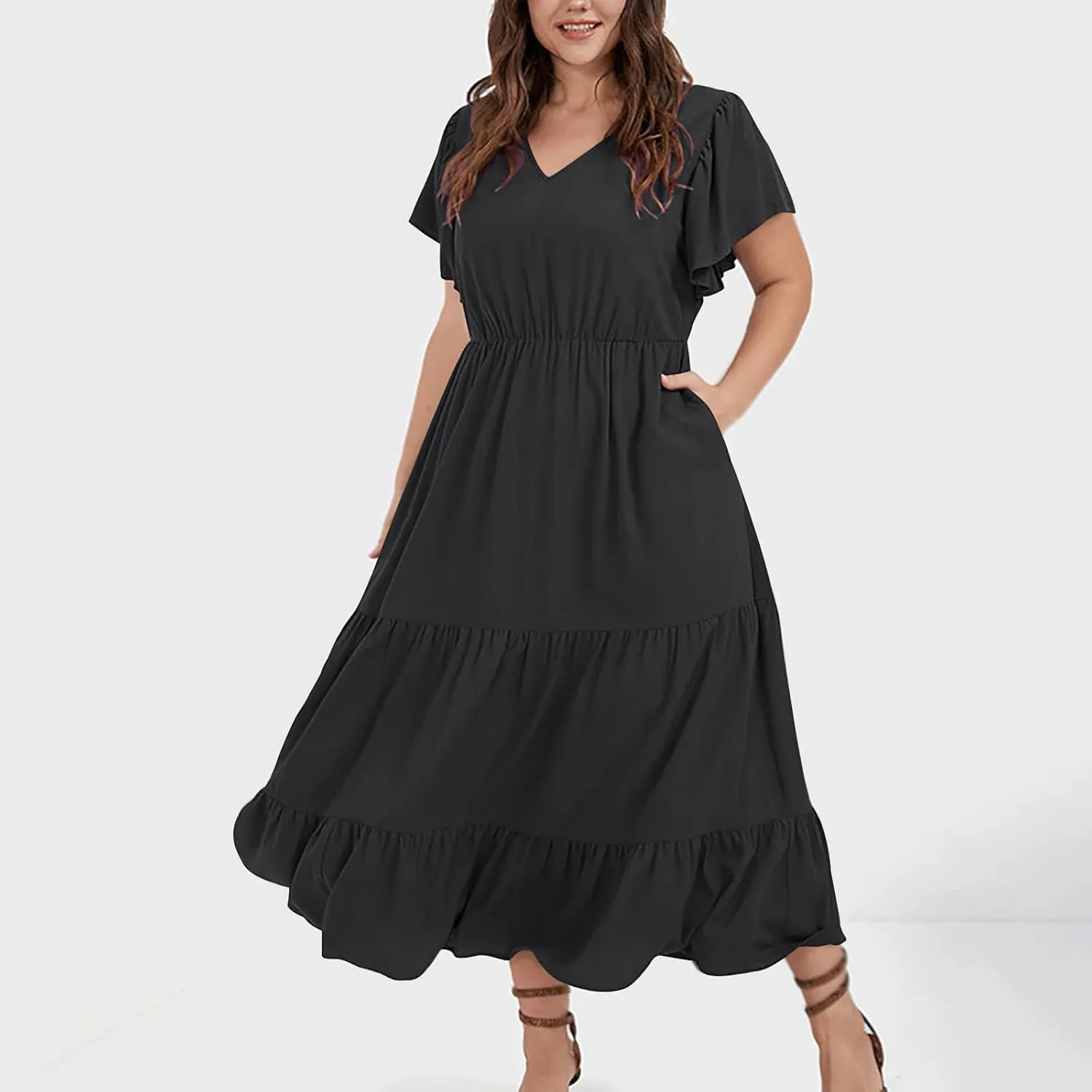 Summer Dresses for Women V Neck Ruffle Sleeve Casual Dress Beach Party Tropical Vacation Patchwork Maxi Sundress
