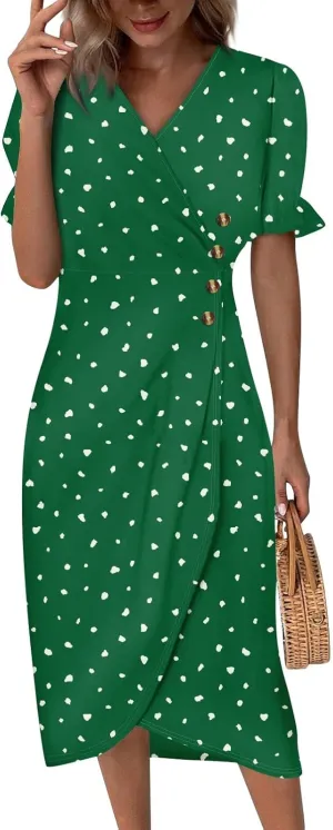 Summer Dresses for Women Wrap Midi Dresses for Women Puff Sleeve Trendy Summer Loose Casual Vintage Cute