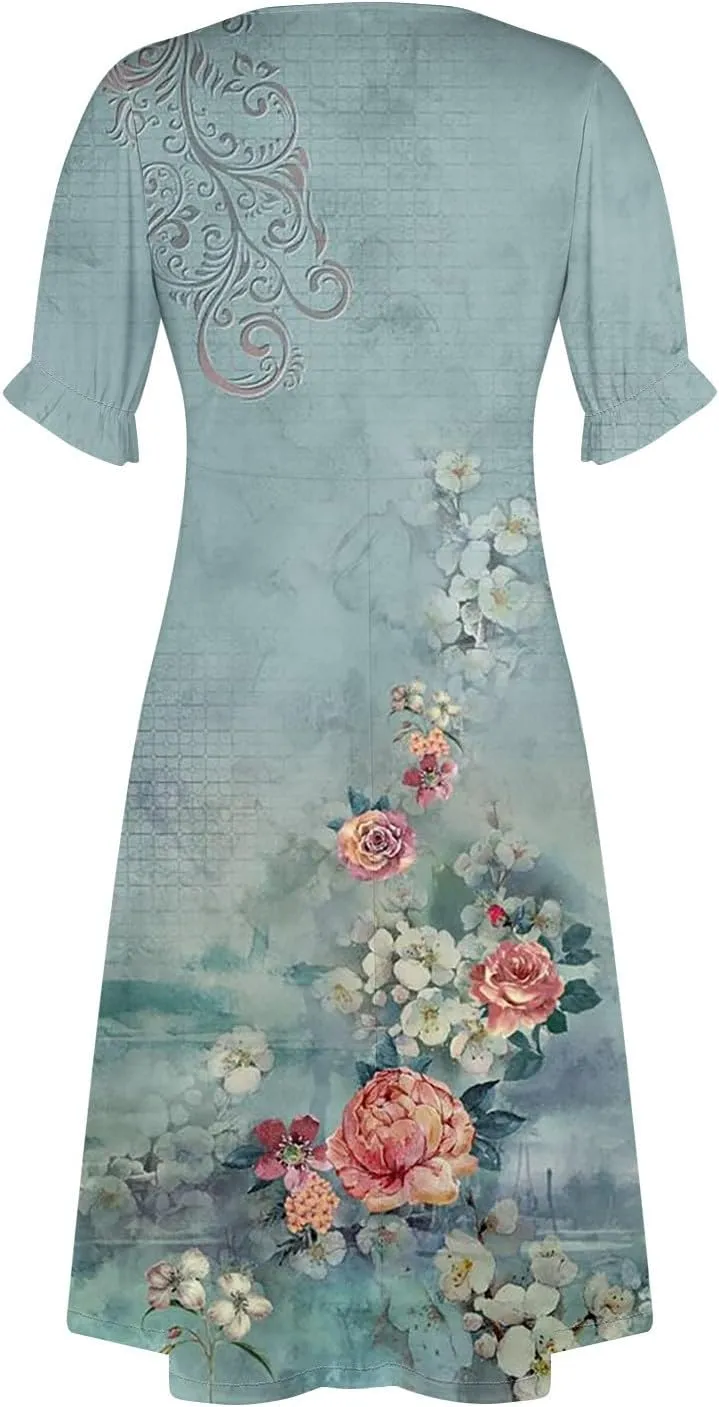 Summer Dresses for Women,Summer Elegant Wrap V Neck Boho Dress Flowy Ruched Hawaiian Maxi Summer Dress