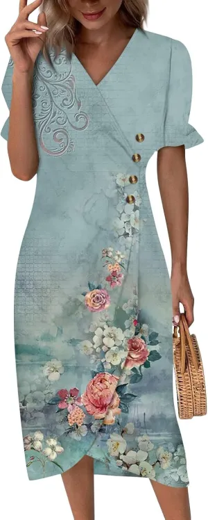 Summer Dresses for Women,Summer Elegant Wrap V Neck Boho Dress Flowy Ruched Hawaiian Maxi Summer Dress