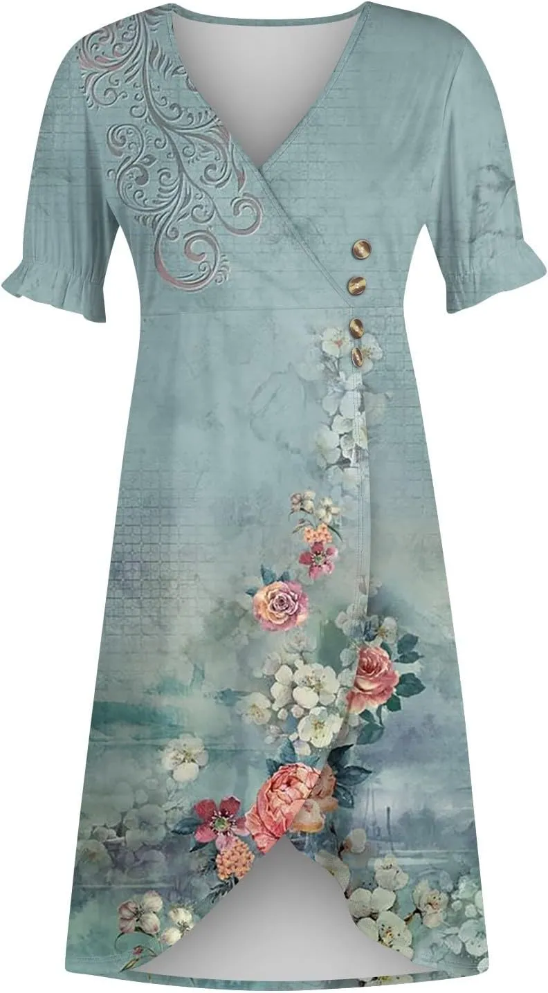 Summer Dresses for Women,Summer Elegant Wrap V Neck Boho Dress Flowy Ruched Hawaiian Maxi Summer Dress