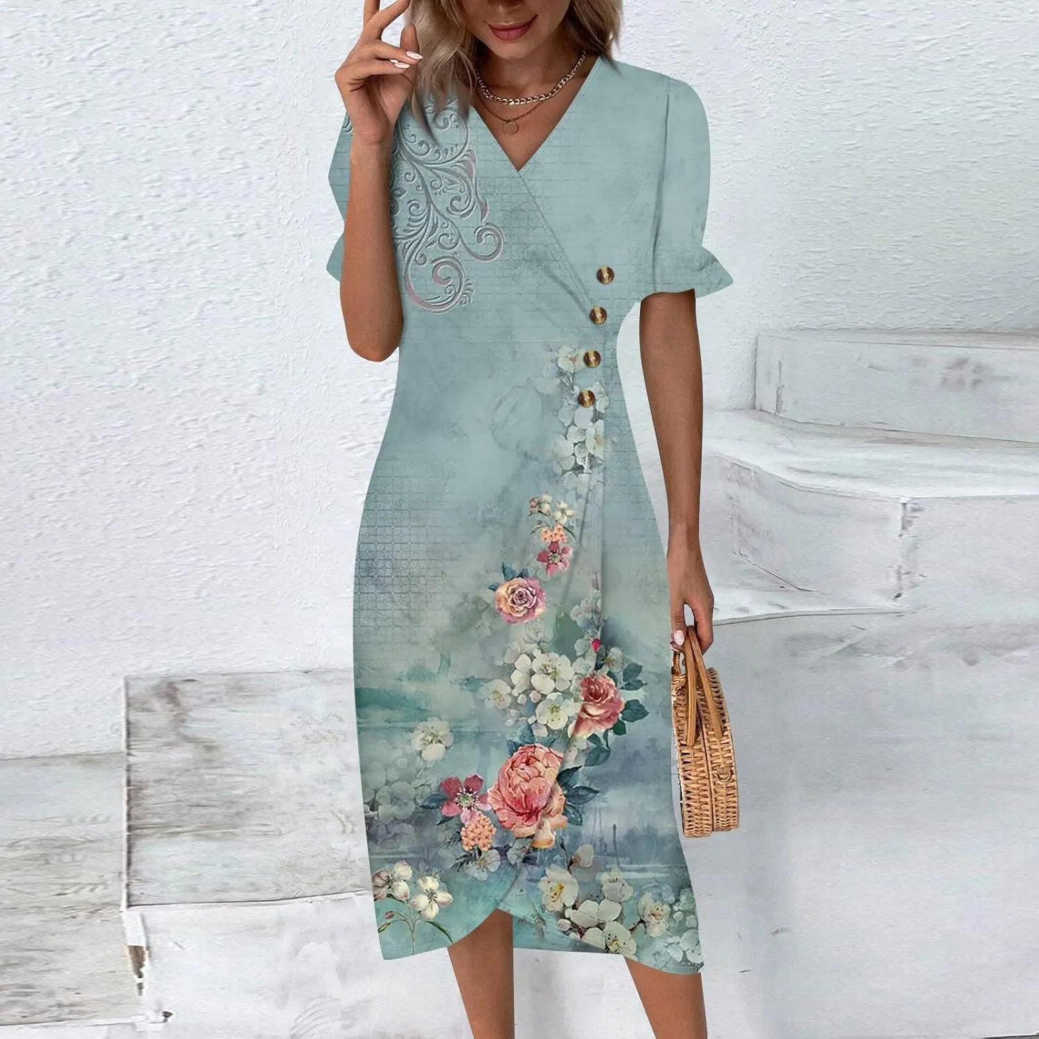 Summer Dresses for Women,Summer Elegant Wrap V Neck Boho Dress Flowy Ruched Hawaiian Maxi Summer Dress