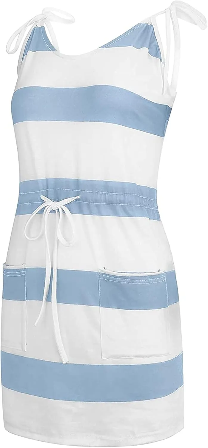 Summer Dresses for Women,Trendy Striped Sleeveless Halter Strap Beach Mini Sundresses Boho Flowy Dress with Pockets