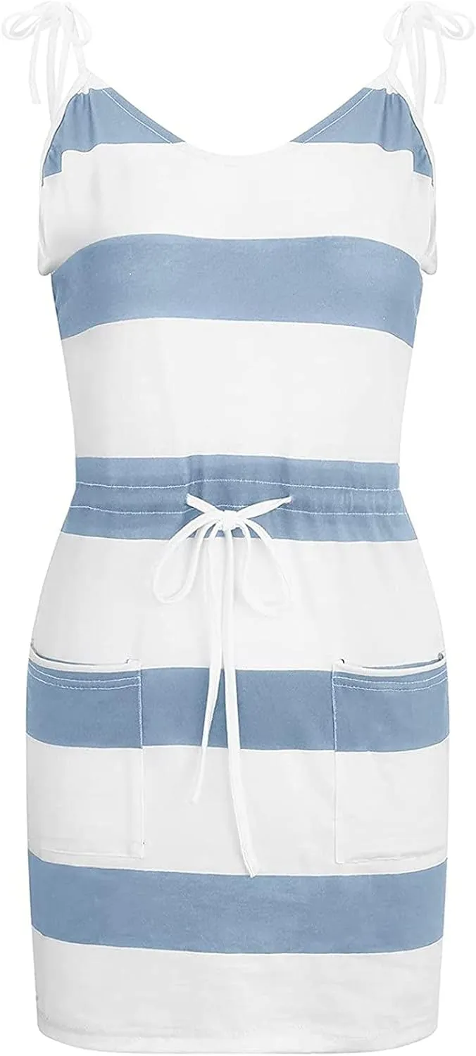 Summer Dresses for Women,Trendy Striped Sleeveless Halter Strap Beach Mini Sundresses Boho Flowy Dress with Pockets