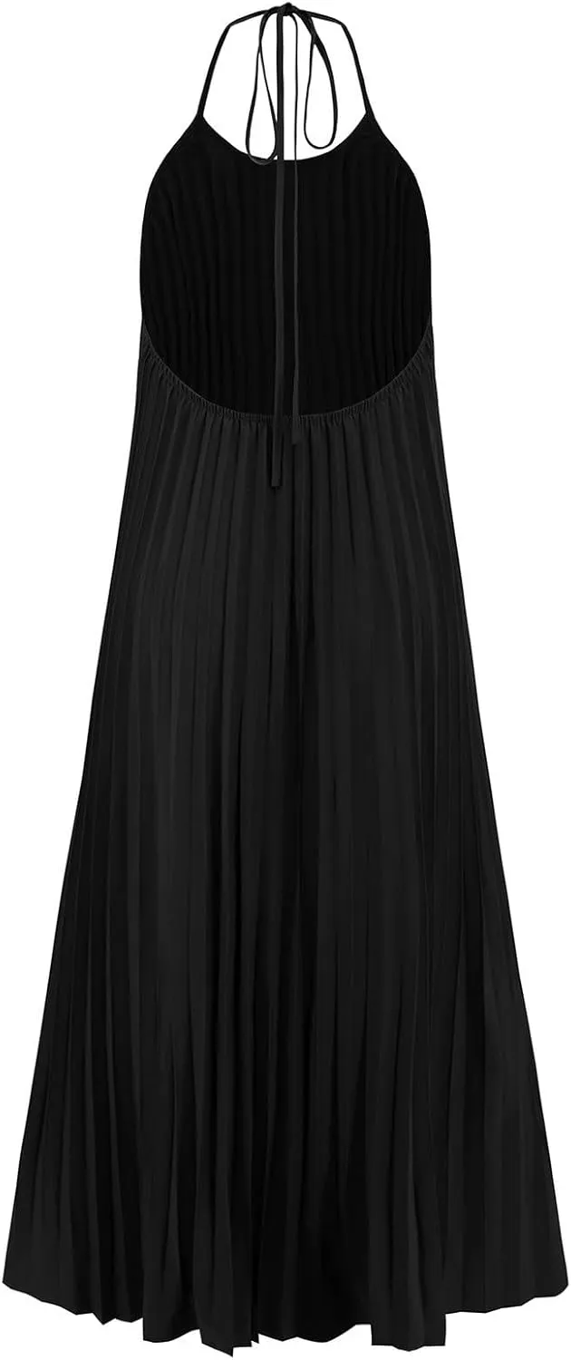 Summer Halter Sundress for Women Hawaiian Vacation Party Beach Dress Sexy Casual Backless Flowy Pleated Maxi Dresses