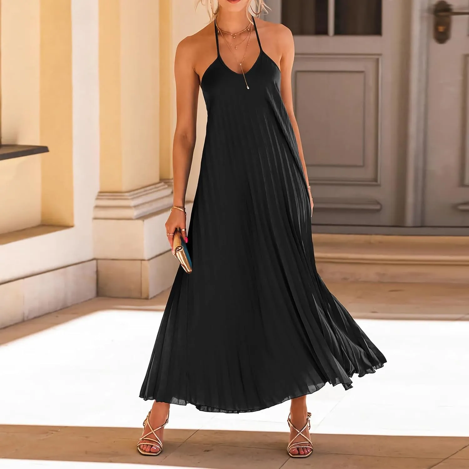 Summer Halter Sundress for Women Hawaiian Vacation Party Beach Dress Sexy Casual Backless Flowy Pleated Maxi Dresses