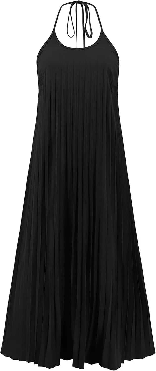 Summer Halter Sundress for Women Hawaiian Vacation Party Beach Dress Sexy Casual Backless Flowy Pleated Maxi Dresses