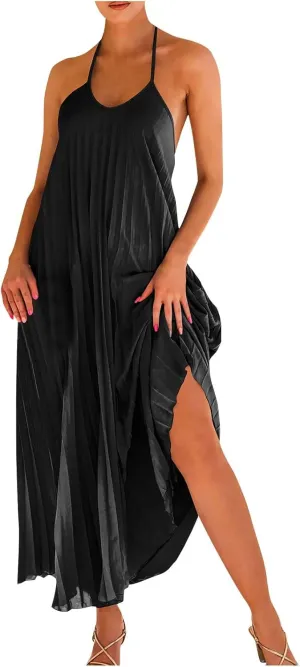 Summer Halter Sundress for Women Hawaiian Vacation Party Beach Dress Sexy Casual Backless Flowy Pleated Maxi Dresses