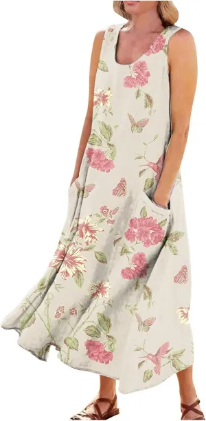 Summer Linen Dresses for Women 2025 Trendy Sleeveless Beach Vacation Travel Dress Casual Maxi Sun Dresses