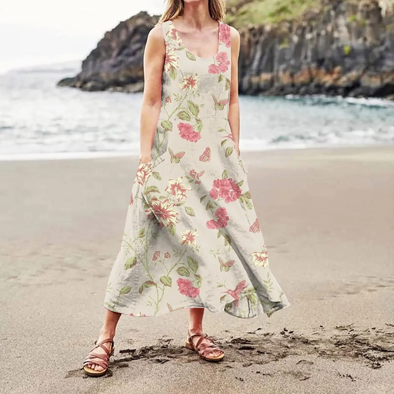 Summer Linen Dresses for Women 2025 Trendy Sleeveless Beach Vacation Travel Dress Casual Maxi Sun Dresses