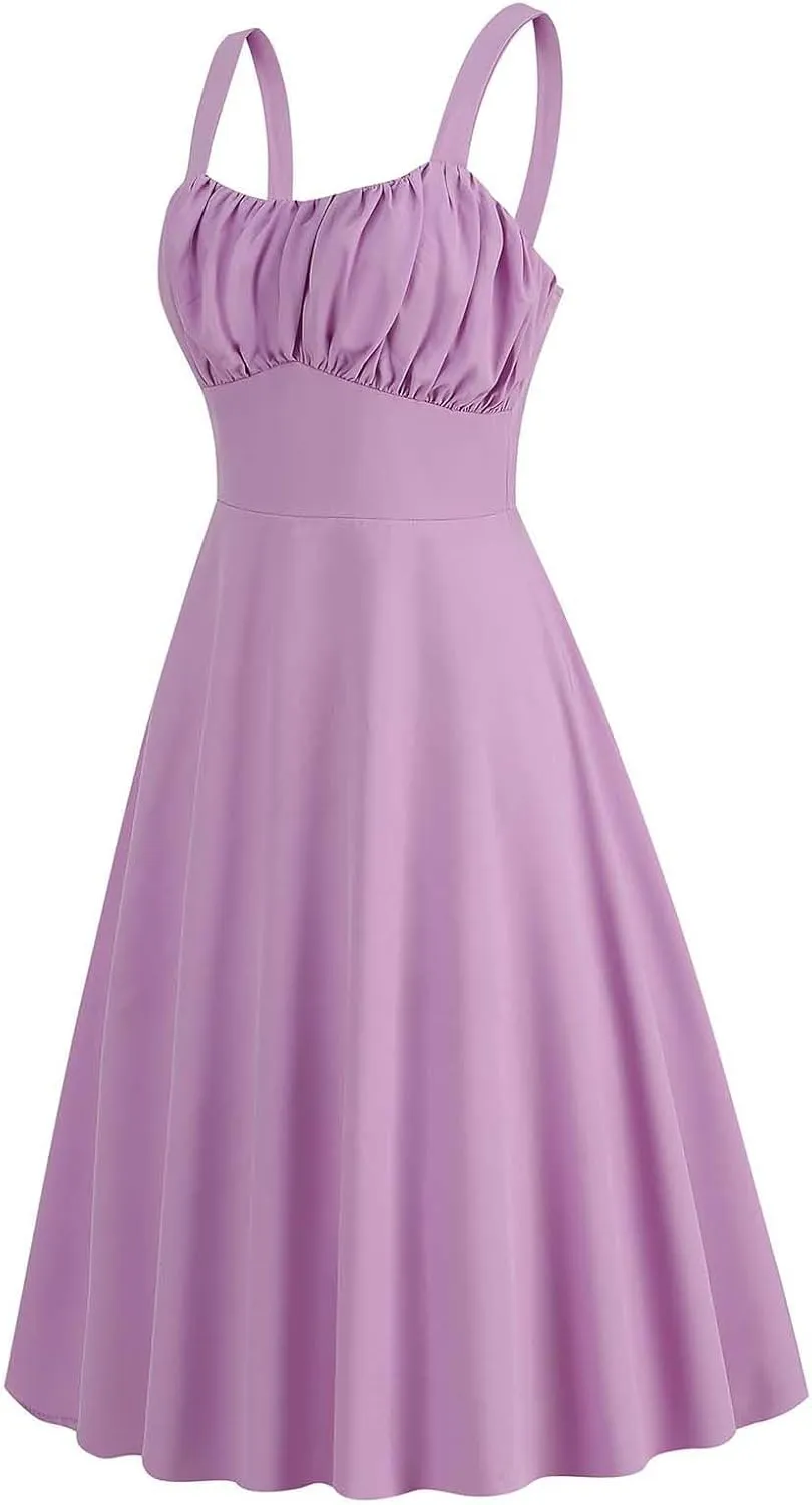 Summer Wedding Guest Dress for Teens Vintage Sleeveless Solid Ruched Cute A-Line Flowy Swing Midi Dress